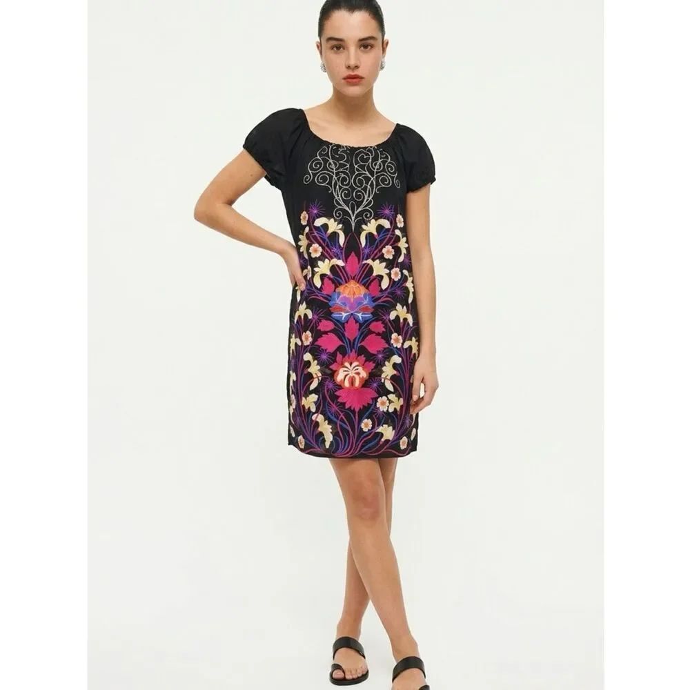 TIBI | Floral Print Black Puff Sleeve Dress 100% Silk Women’s Size X-Small
